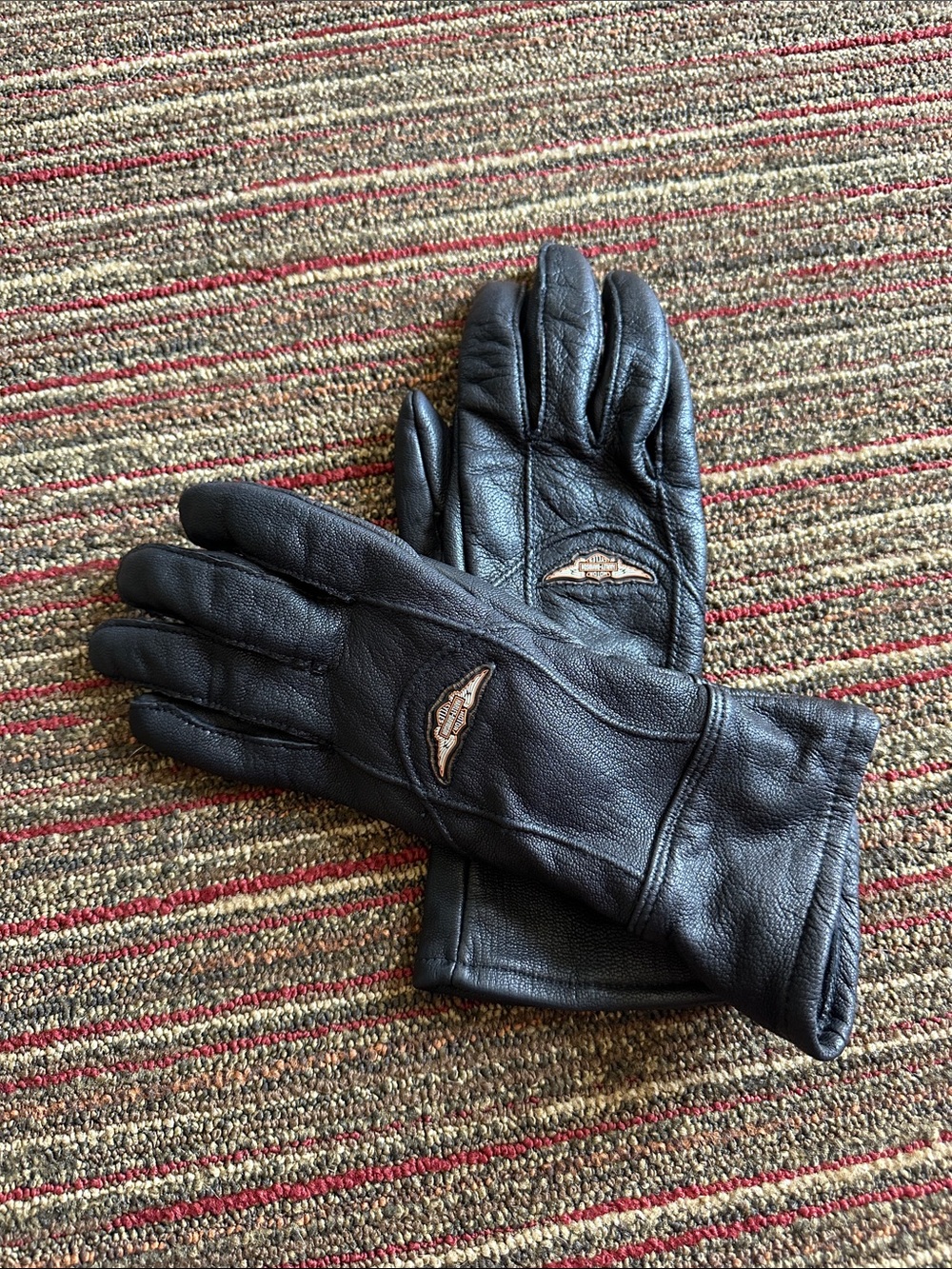 Harley-Davidson WOMENS Black Leather Riding Gloves with Tan Embroidered Logo - L